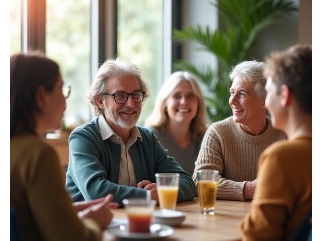 Diverse group of adults smiling and interacting in a welcoming, warm community setting.