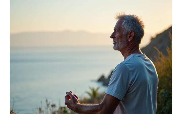 David, a man in his early 60s, looking relaxed and focused during a meditation session outdoors.