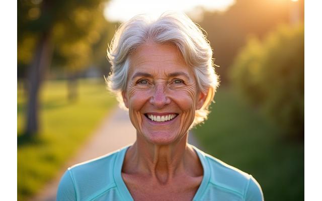 Martha, a woman in her late 50s, smiling confidently after a noticeable wellness transformation.